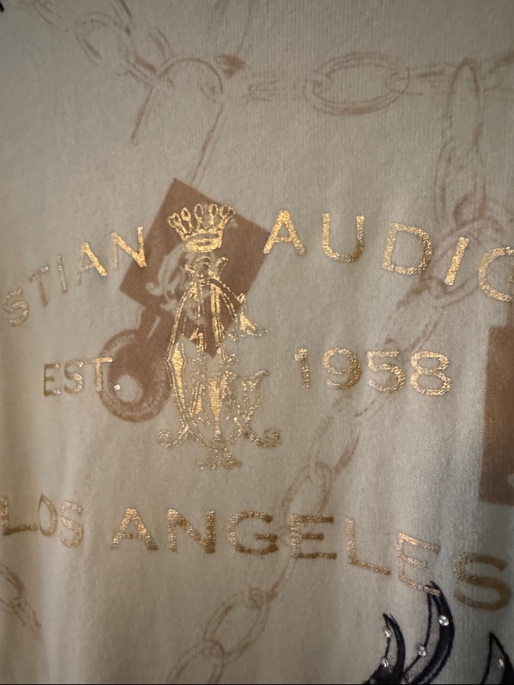 Christian Audigier Cream V-Neck Long Sleeve Top with Blue Peacock & Pink Roses - Picture 7 of 10